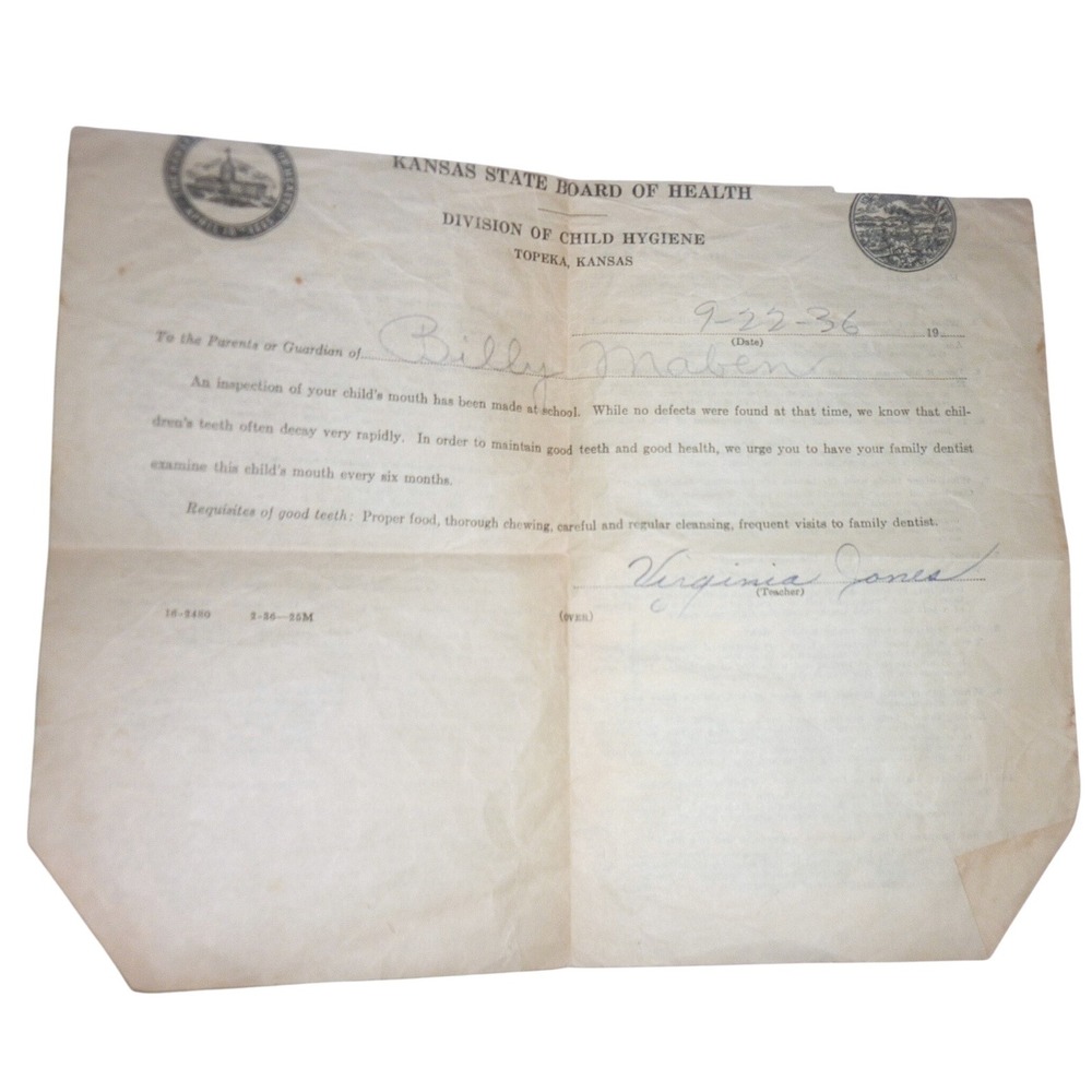 1936 Kansas State Board of Health Dental Report Card Billy Maben Ephemera